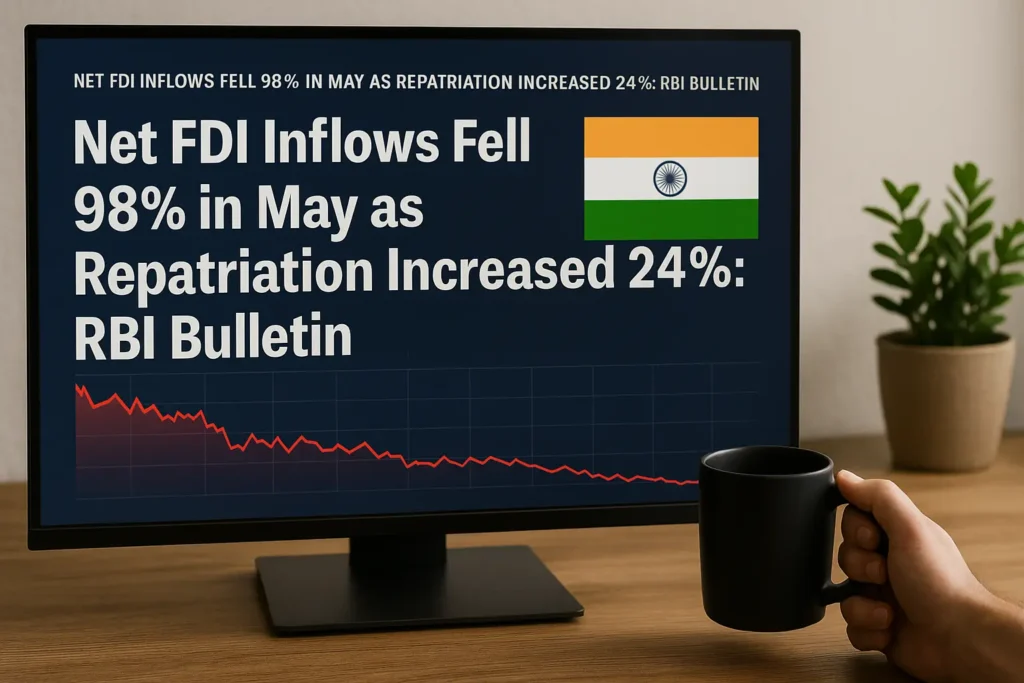 Current image: A computer monitor displays a news headline about net FDI inflows falling 98% in May and repatriation increasing 24%, as reported in the RBI Bulletin. The screen includes a sharp red downward trend graph and the Indian flag, with a hand holding a black coffee mug and a potted plant in the background.