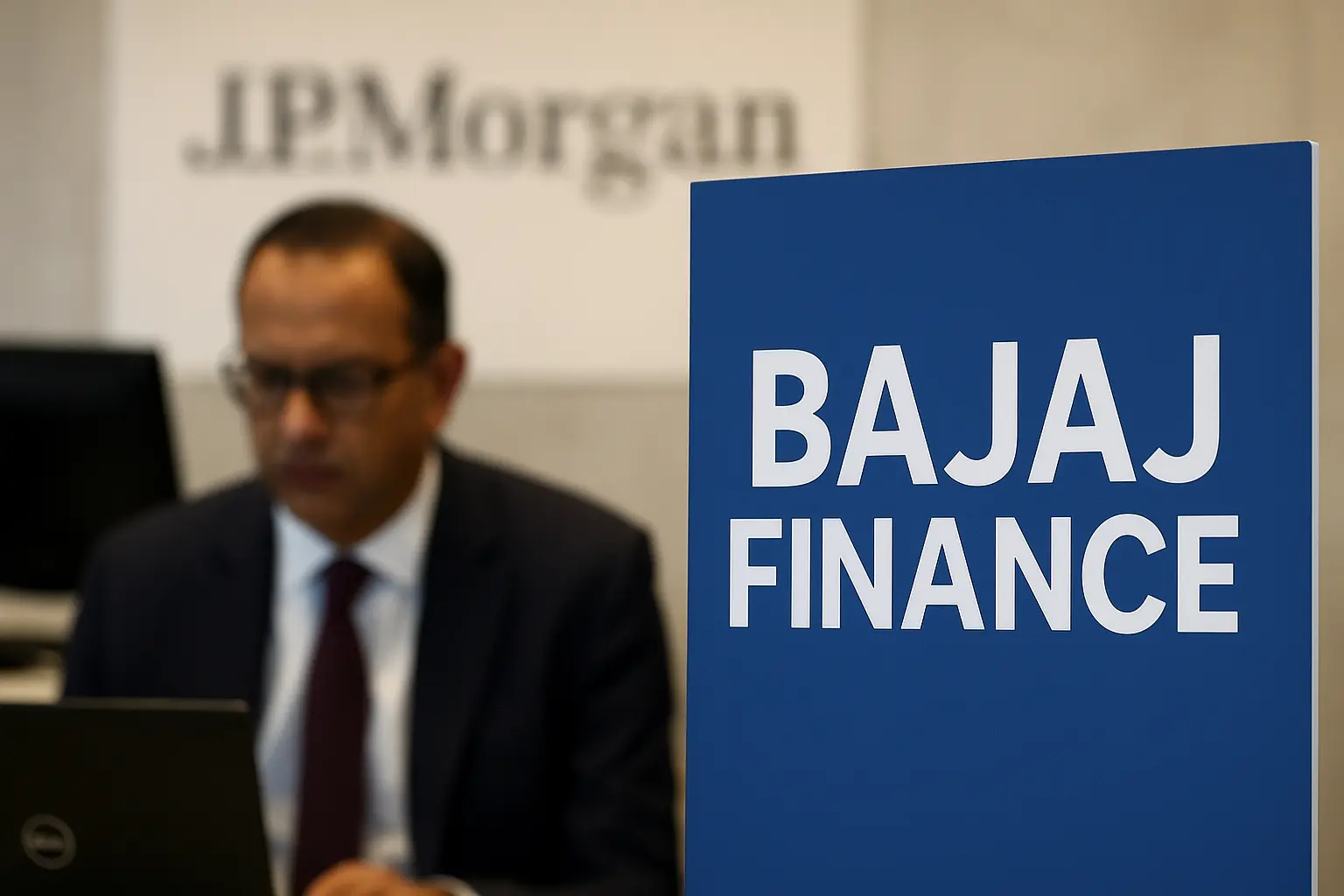 A photograph captures a Bajaj Finance Limited signboard on a glass corporate building with a visible downward-trending stock chart overlay and the JPMorgan logo faded in the background—symbolizing the stock drop following a downgrade and financial warnings.