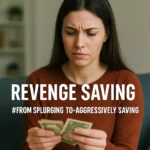 Current image: A serious young woman with long brown hair, wearing a rust-colored sweater, sits indoors while carefully counting a few U.S. dollar bills. The text overlay reads "Revenge Saving" with the subtitle "#From Splurging to Aggressively Saving." The image reflects a focused and determined approach to personal finance.
