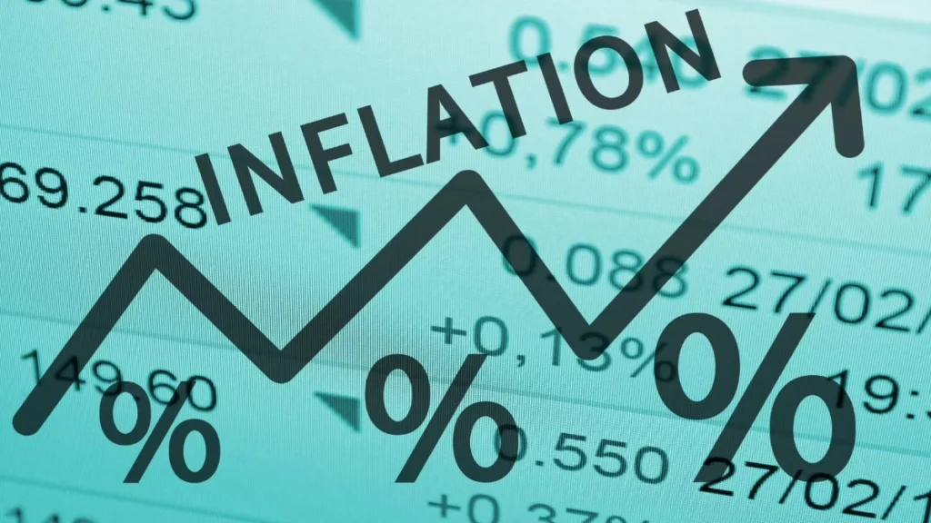 An upward-trending percentage graph labeled ‘INFLATION’ overlaying financial percentage data, symbolizing rising consumer prices.