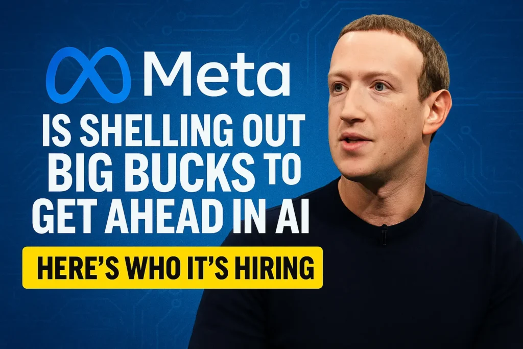 A digital graphic design features Meta CEO Mark Zuckerberg standing in front of a futuristic AI interface, with glowing neural network visuals and circuit patterns in the background. Bold text reads “Meta’s Billion-Dollar AI Talent Hunt” above a tagline, “Inside Zuckerberg’s Race for Superintelligence.” The image uses vibrant blue and purple tones to evoke innovation and urgency.