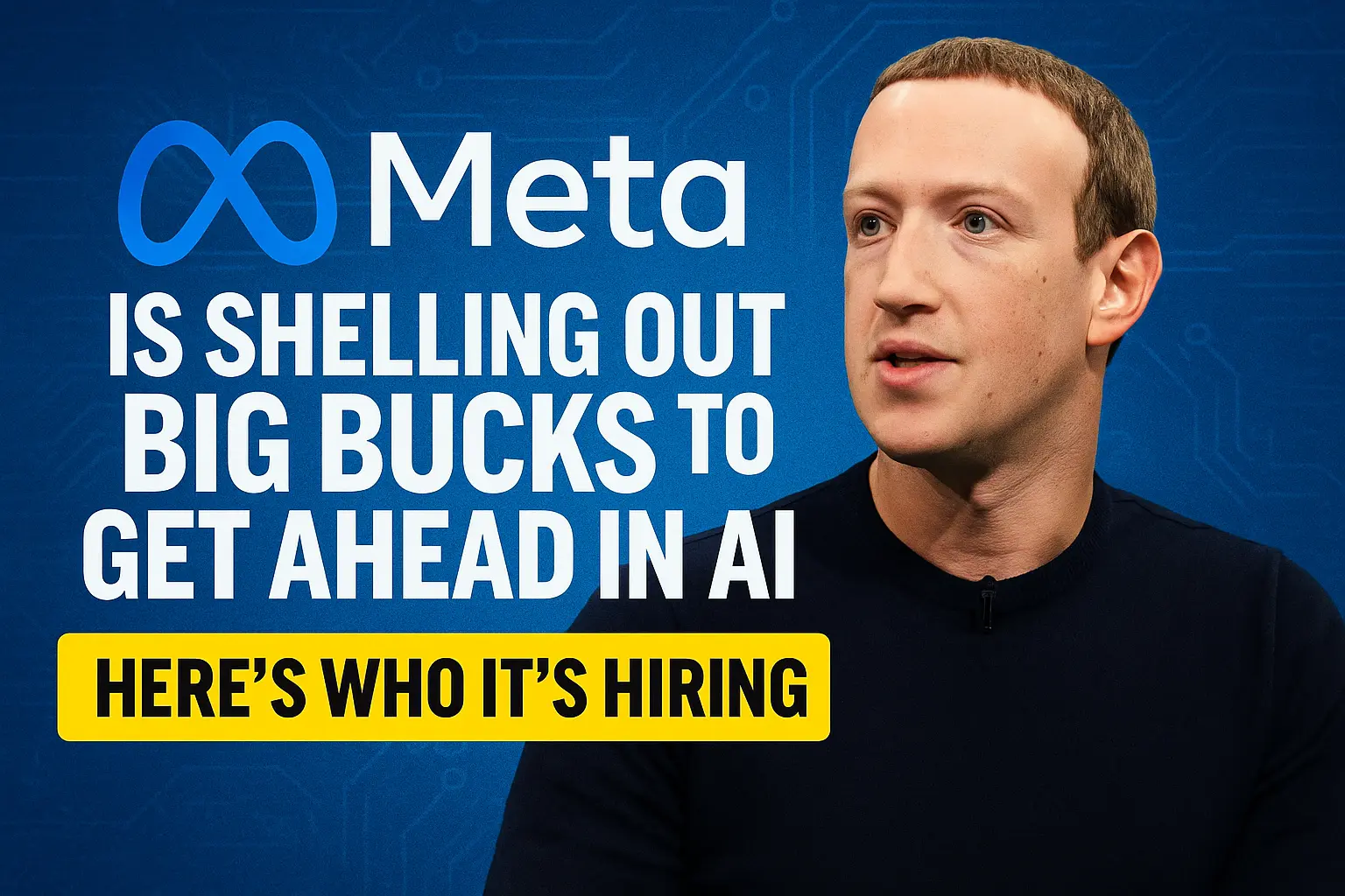 A digital graphic design features Meta CEO Mark Zuckerberg standing in front of a futuristic AI interface, with glowing neural network visuals and circuit patterns in the background. Bold text reads “Meta’s Billion-Dollar AI Talent Hunt” above a tagline, “Inside Zuckerberg’s Race for Superintelligence.” The image uses vibrant blue and purple tones to evoke innovation and urgency.