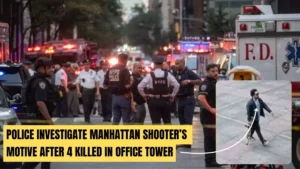 NYPD officers and emergency responders surround the scene of a deadly shooting in Midtown Manhattan, with flashing lights from police cars and fire trucks. Inset shows a suspect in a suit walking with a firearm, believed to be the shooter in the office tower attack that left four dead.