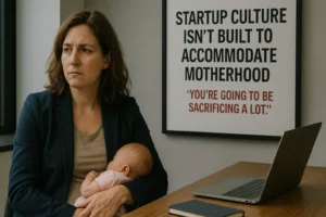 A thoughtful woman in a navy blazer sits at a desk holding her baby, with a serious expression on her face. Behind her, a poster on the wall reads, "STARTUP CULTURE ISN’T BUILT TO ACCOMMODATE MOTHERHOOD — You’re going to be sacrificing a lot," highlighting the challenges of balancing motherhood and entrepreneurship. A laptop and notebook rest on the desk in front of her.