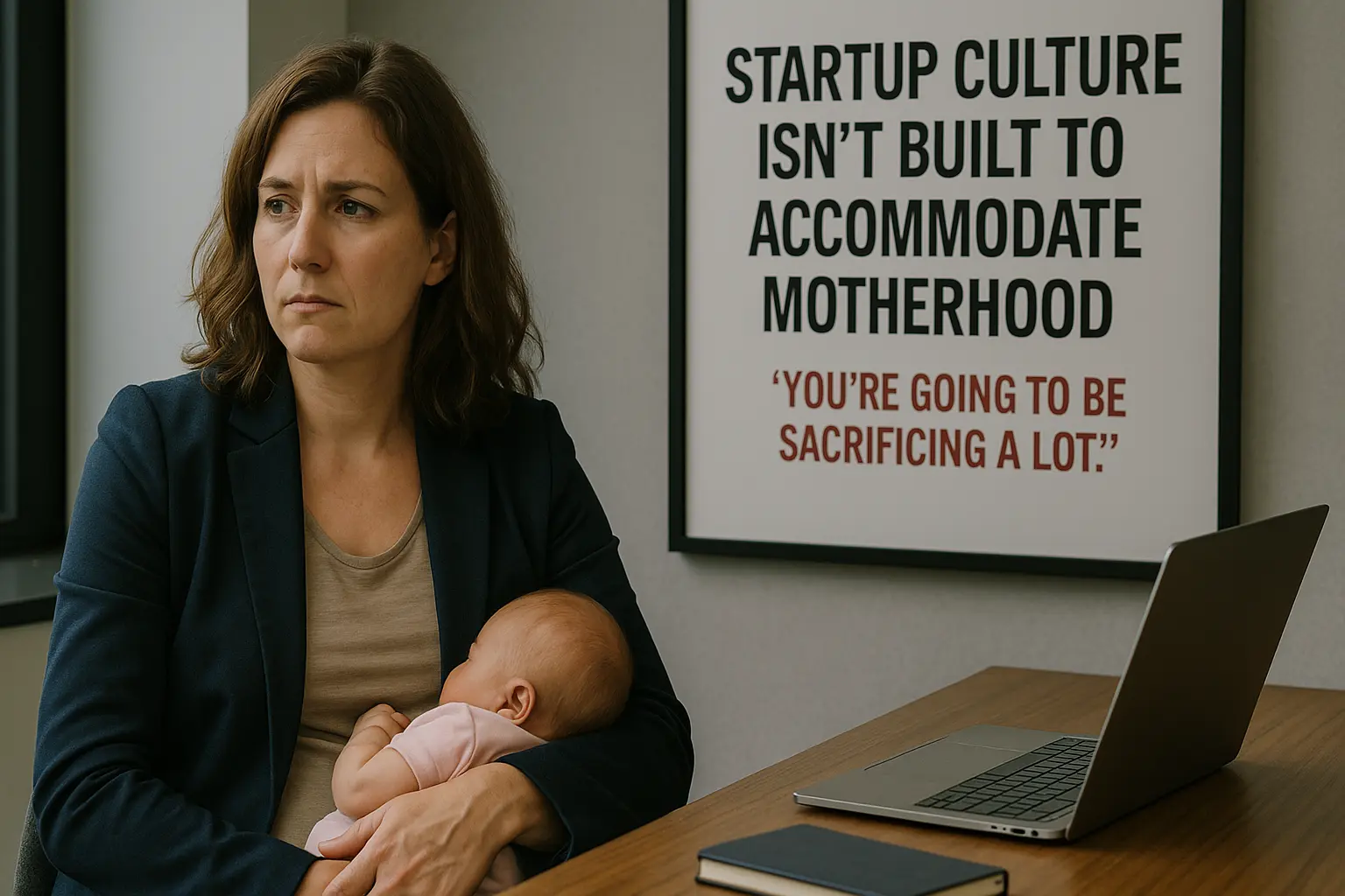 A thoughtful woman in a navy blazer sits at a desk holding her baby, with a serious expression on her face. Behind her, a poster on the wall reads, "STARTUP CULTURE ISN’T BUILT TO ACCOMMODATE MOTHERHOOD — You’re going to be sacrificing a lot," highlighting the challenges of balancing motherhood and entrepreneurship. A laptop and notebook rest on the desk in front of her.