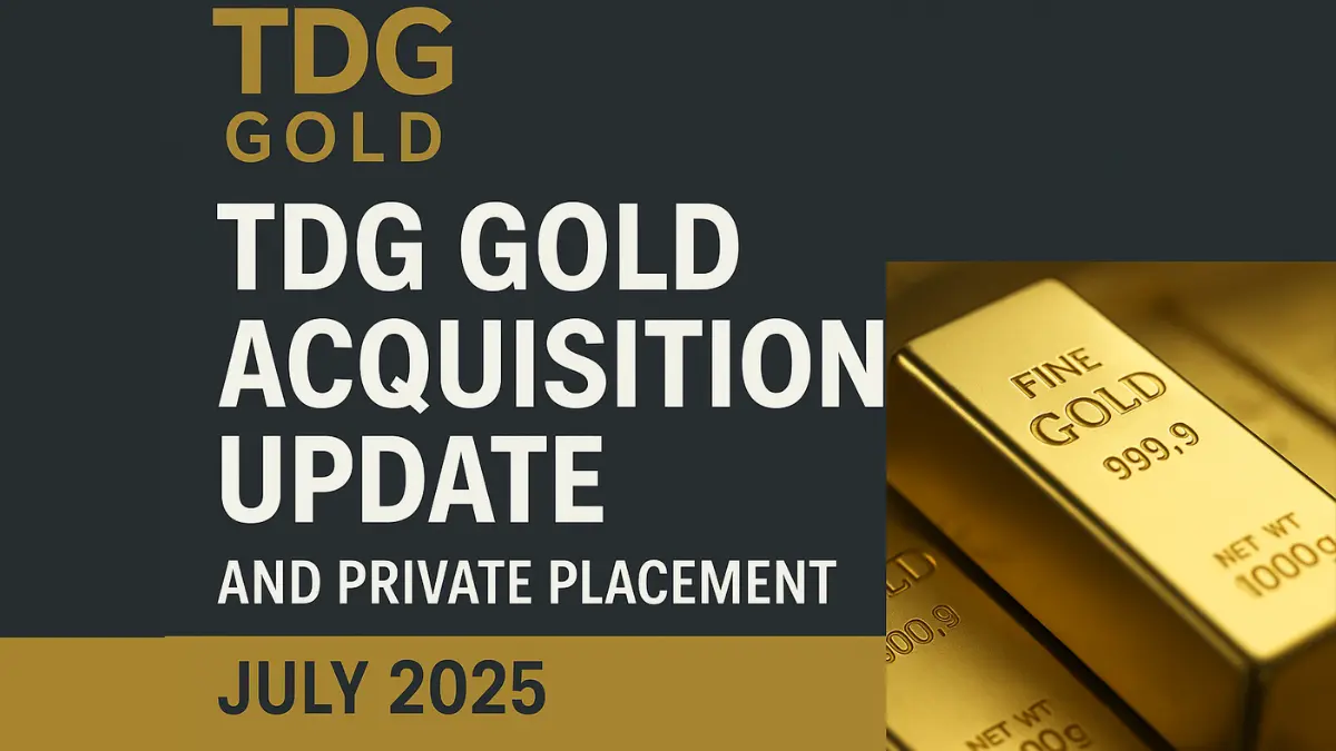 Digital illustration showcasing TDG Gold Corp's acquisition of Anyox Copper and completion of $28.75 million bought deal private placement, featuring mining graphics, stock charts, and financial documents on a landscape background.