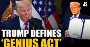 Donald Trump announces and signs the 'Genius Act' into law, holding up the official document, with bold text reading 'Trump Defines Genius Act' in front of American flags.