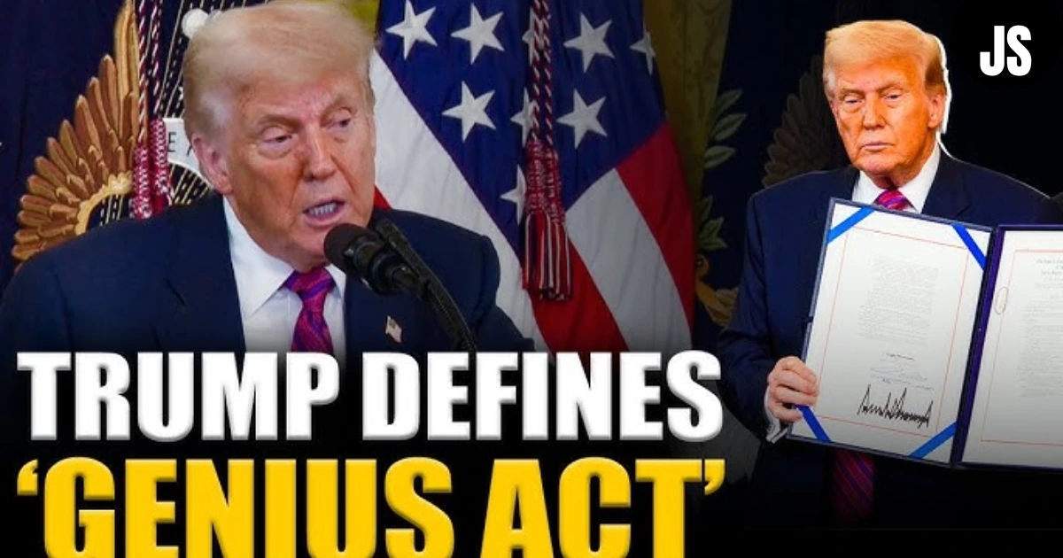 Donald Trump announces and signs the 'Genius Act' into law, holding up the official document, with bold text reading 'Trump Defines Genius Act' in front of American flags.