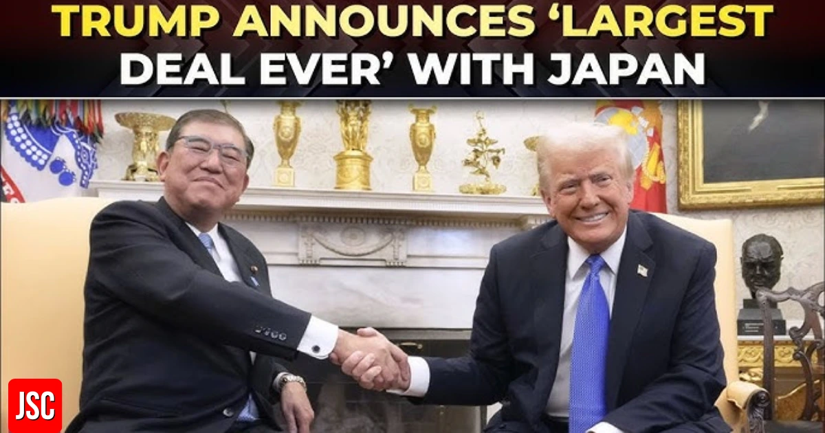 Former President Donald Trump shakes hands with Japanese Prime Minister Shigeru Ishiba in the Oval Office to announce a historic trade deal between the United States and Japan, captioned "Trump announces ‘Largest Deal Ever’ with Japan."