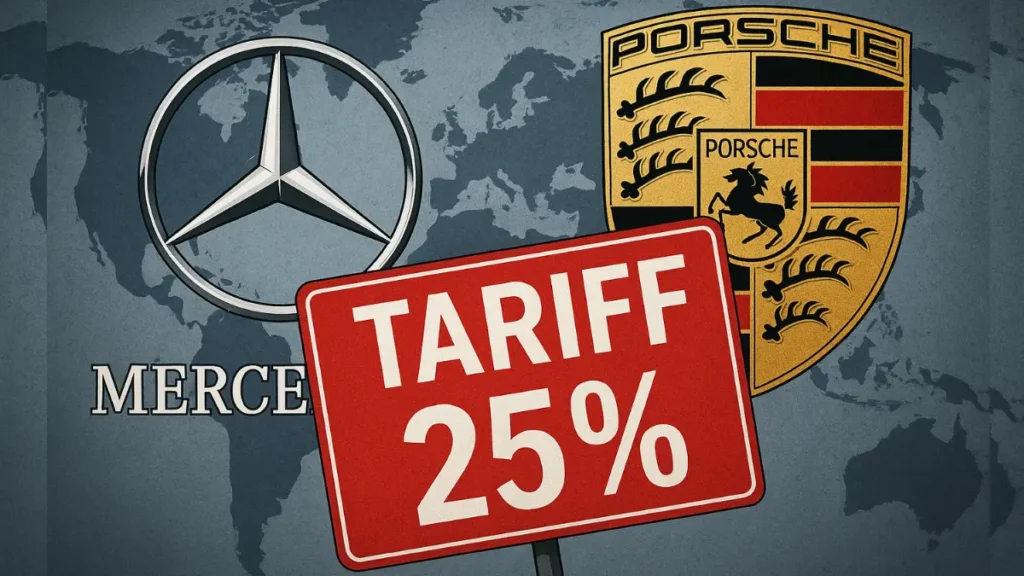 A digital illustration shows the Mercedes-Benz and Porsche logos against a world map backdrop, with a bold red sign in the foreground that reads "TARIFF 25%"—symbolizing the impact of Trump’s auto tariffs on German luxury automakers in 2025.