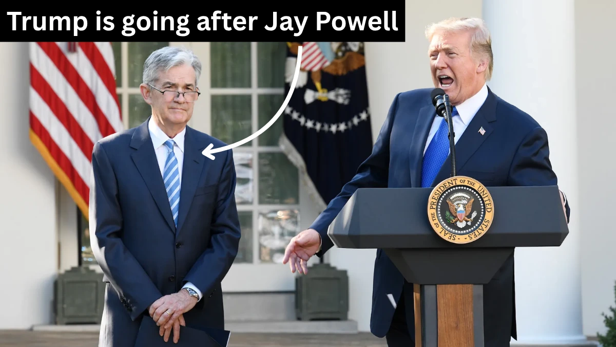 A bold, cropped photo of President Trump at the podium pointing dramatically toward Fed Chair Jerome Powell, with the headline “Trump is going after Jay Powell” overlaid in white text on a black banner.