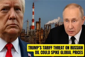 A dramatic digital composite image showing former U.S. President Donald Trump on the left and Russian President Vladimir Putin on the right, with an oil refinery in the background and bold headline text reading ‘OIL PRICES CLIMB – RUSSIA SANCTIONS LOOM’ to highlight the geopolitical tension and energy crisis.