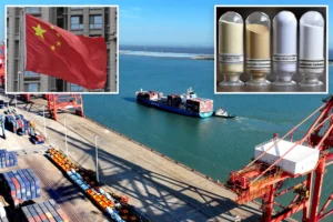 A cargo ship carrying containers at a busy Chinese port, with inset images showing the Chinese flag and vials of rare-earth minerals like neodymium oxide and cerium oxide — symbolizing the surge in rare-earth magnet exports to the U.S.