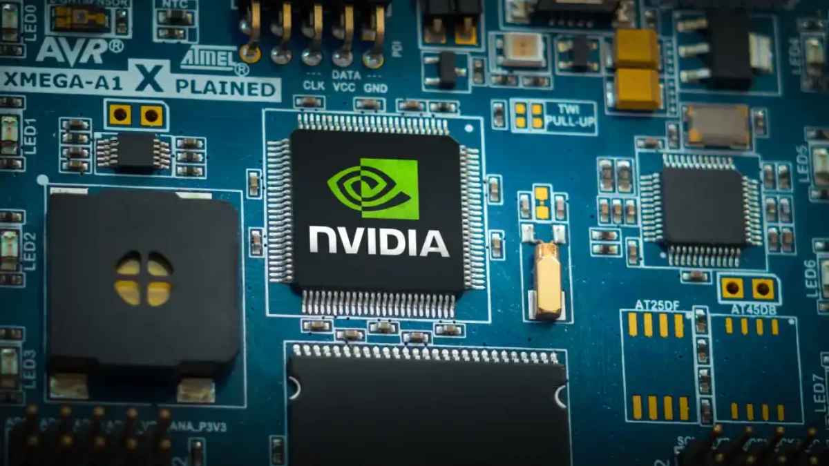Close-up of an Nvidia AI chip on a circuit board with the Nvidia logo, overlaid with bold text ‘AI Chip Sales to China Restart’ and glowing highlights to emphasize the breakthrough.
