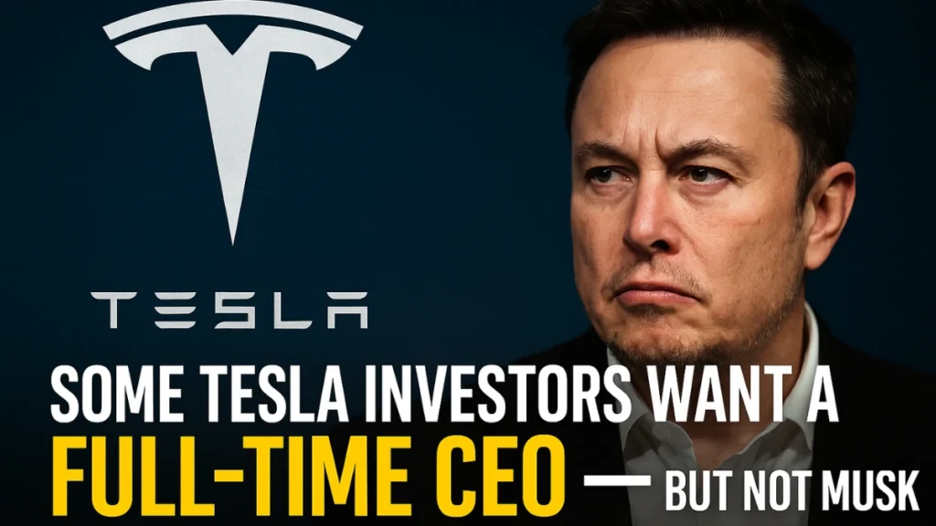A dramatic featured image showing Elon Musk in a shadowed pose on the left, a Tesla car on the right, and bold headline text reading ‘Who’s Running Tesla Now?’ with dollar signs, stock arrows, and a glowing Tesla logo in the background.