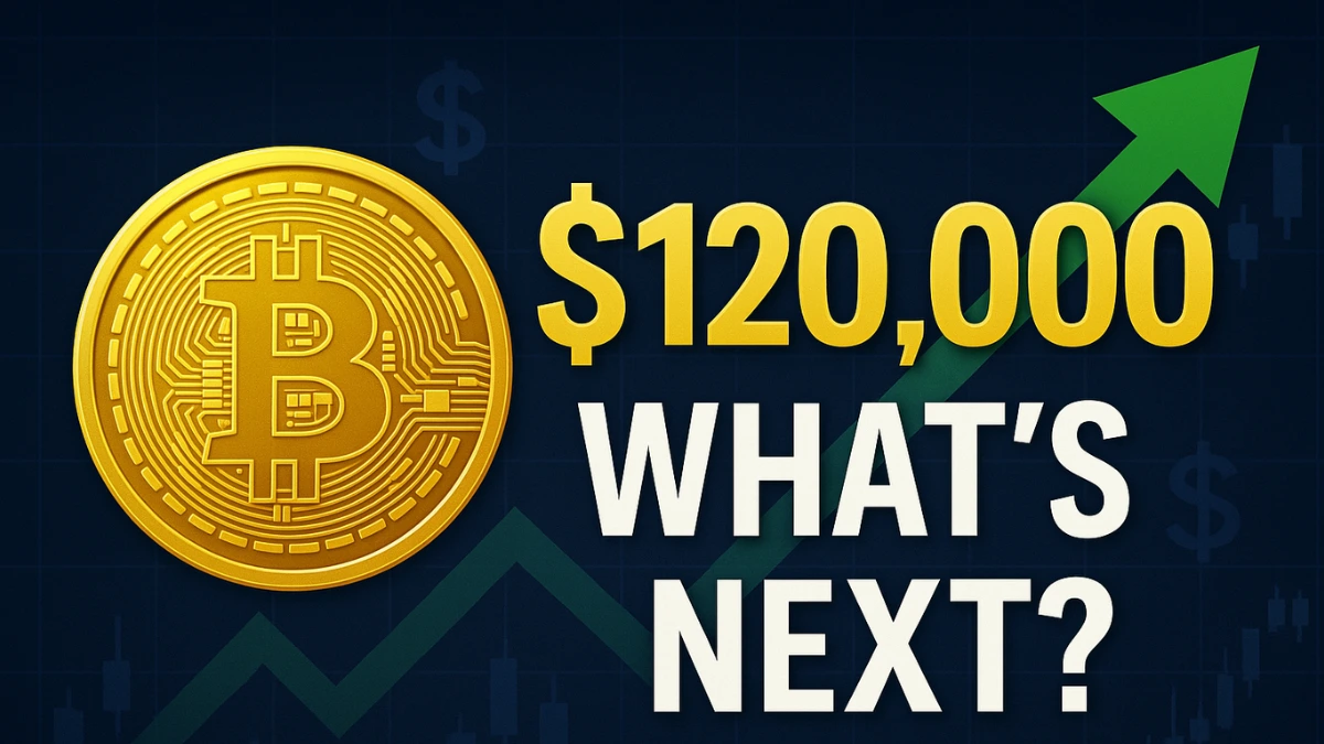 A bold featured image showing a large golden Bitcoin coin next to big golden text reading ‘$120,000’ with a green upward arrow and the words ‘What’s Next?’ over a dark background with stock charts and dollar signs.