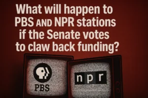 Digital news graphic with bold headline: ‘What will happen to PBS and NPR stations if the Senate votes to claw back funding?’ displayed above two vintage TVs showing PBS and NPR logos with static screens on a dark red textured background.