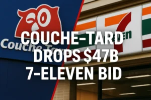 A digitally created news graphic shows bold white text reading “$47 Billion Deal Collapses” over a dramatic image of a dimly lit 7-Eleven storefront and a cracked Canadian flag. The background includes financial charts and a red downward arrow, symbolizing the failed acquisition of 7-Eleven by Canadian retailer Couche-Tard.