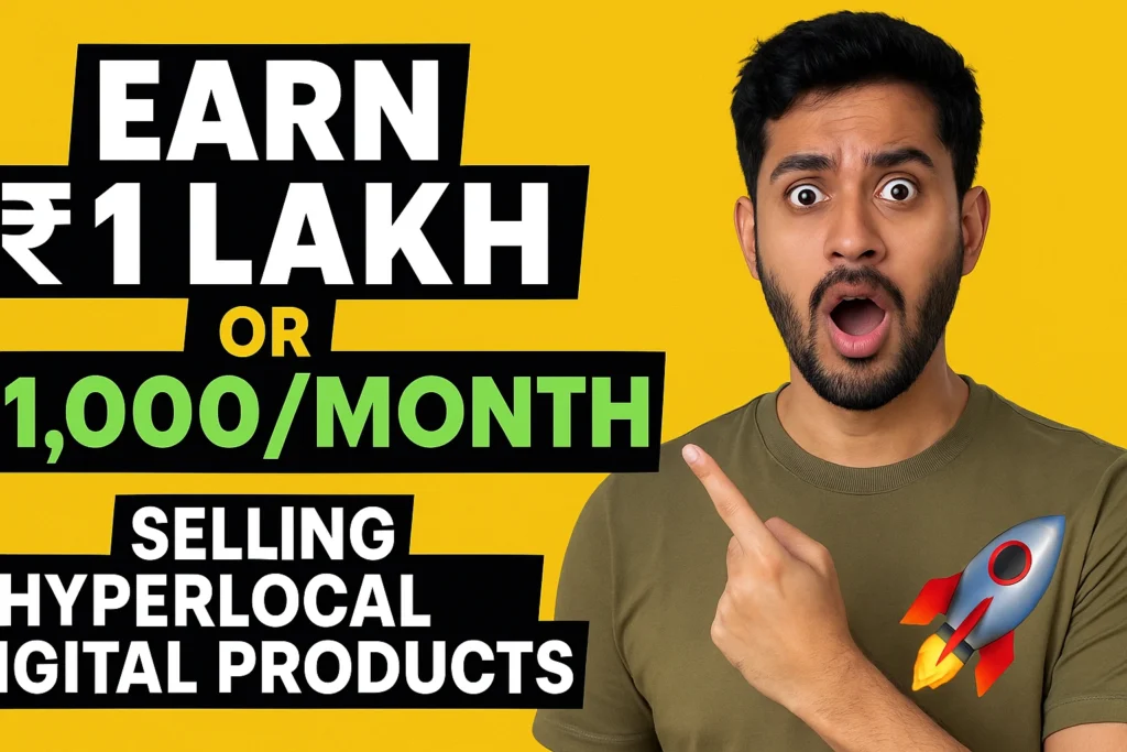 A surprised young man pointing toward bold text that says “Earn ₹1 Lakh or $1,000/Month Selling Hyperlocal Digital Products” on a bright yellow background, with a rocket icon on his shirt symbolizing fast growth and success.