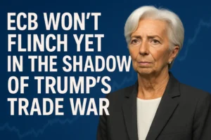 European Central Bank President Christine Lagarde looks serious against a blue background with a headline reading ‘ECB Won’t Flinch Yet in the Shadow of Trump’s Trade War.’