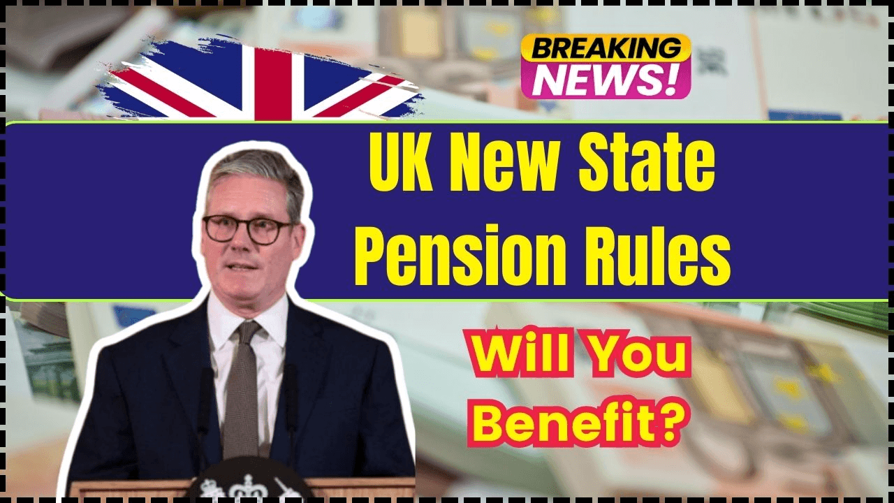 Breaking news thumbnail showing UK’s new state pension rules for 2025 with a politician speaking at a podium and the headline ‘Will You Benefit?’ highlighted over British currency background.
