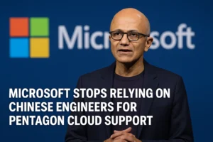 Satya Nadella, CEO of Microsoft, speaks on stage with the Microsoft logo in the background. A bold headline overlay reads, “Microsoft stops relying on Chinese engineers for Pentagon cloud support,” highlighting the company’s new policy shift.