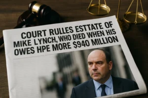A realistic newspaper on a wooden desk displays the headline "Court Rules Estate of Mike Lynch, Who Died When His Yacht Sank, Owes HPE More Than $940 Million." Below the headline is a photo of Mike Lynch in a suit, and surrounding the paper are legal symbols including a gavel and brass scales of justice.