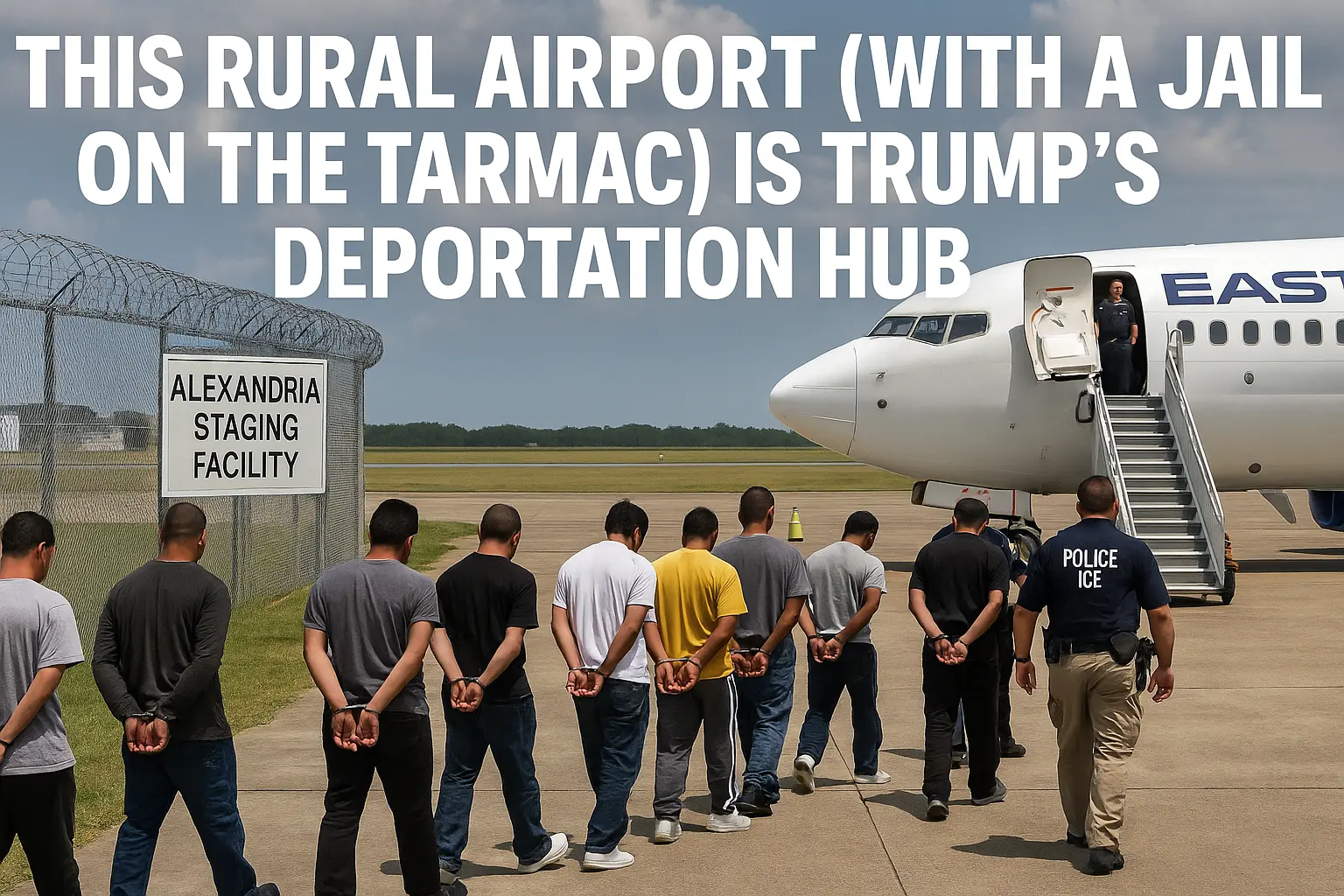 A high-resolution news image showing a deportation aircraft on the tarmac at the Alexandria Staging Facility in rural Louisiana. ICE officers are seen escorting detained immigrants in chains toward the plane under heavy security. A barbed wire fence and a watchtower are visible in the background, emphasizing the facility's prison-like atmosphere. The image captures the intense, controversial nature of Trump's immigration enforcement operations.