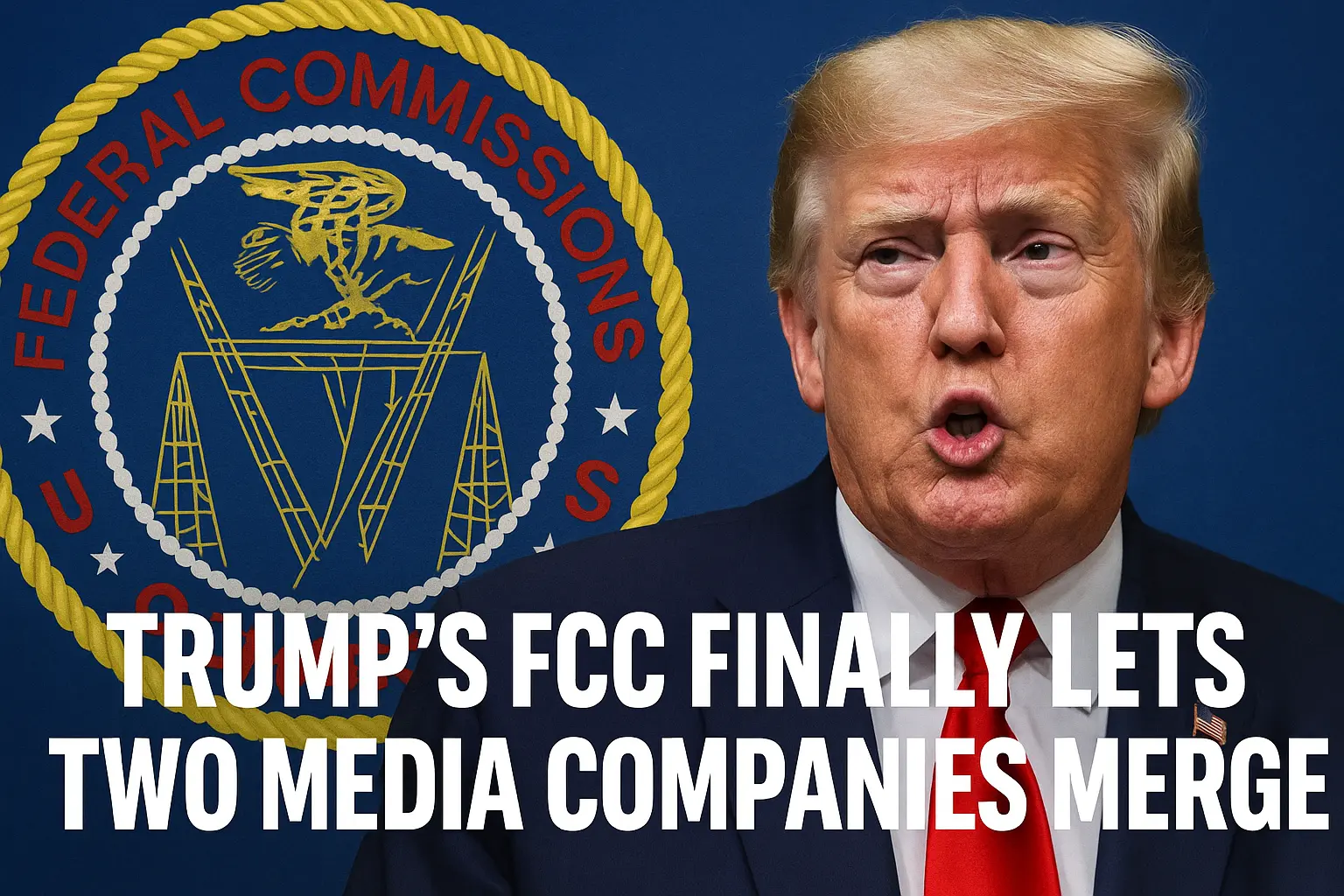 Headline-style image featuring Donald Trump and the FCC logo, with bold text reading ‘Trump’s FCC Approves Paramount-Skydance Merger’ against a dramatic red and blue background, symbolizing political tension and media controversy.