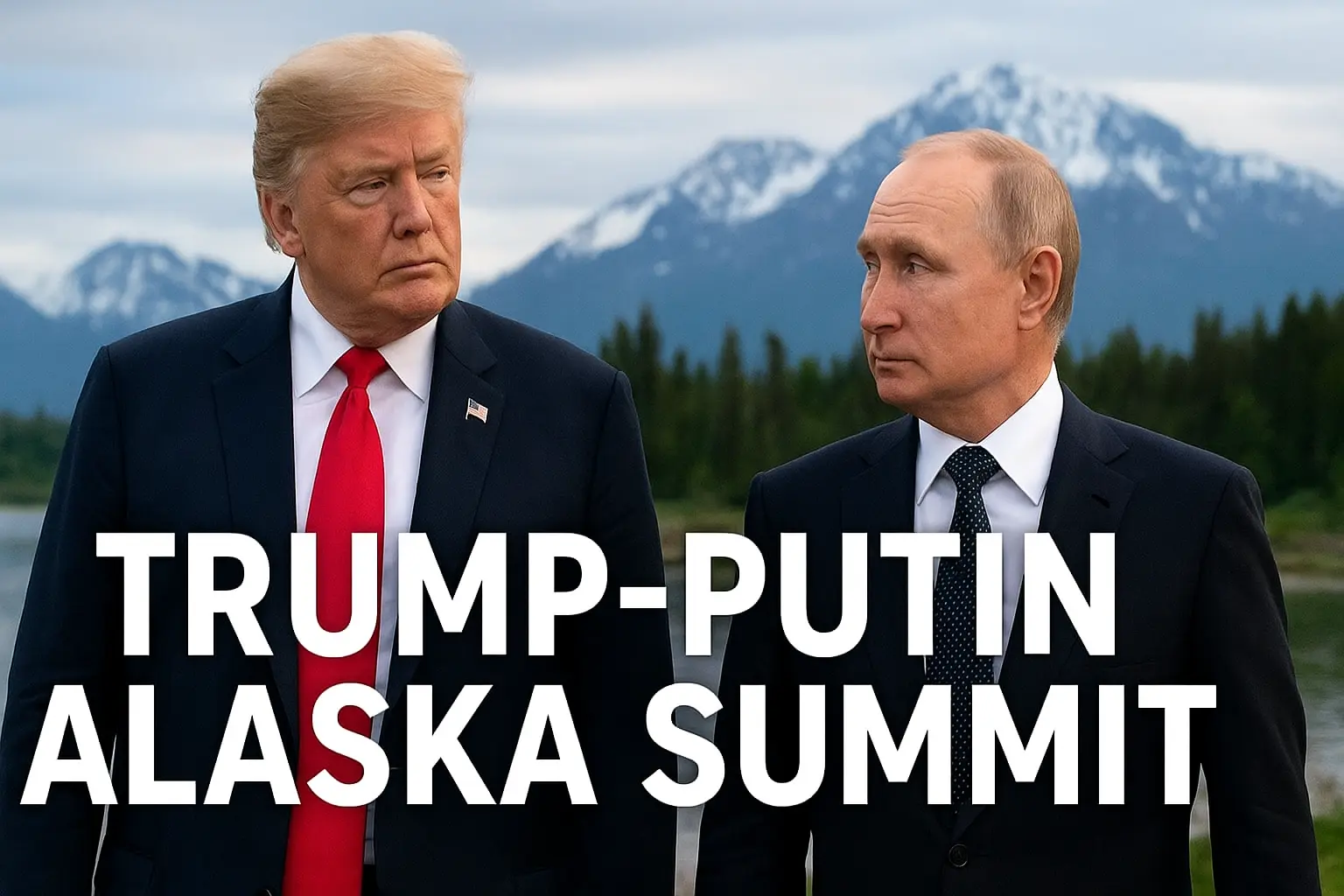 High-resolution news photograph showing U.S. President Donald Trump and Russian President Vladimir Putin at the Alaska Summit, with diplomatic flags in the background, symbolizing U.S.-Russia talks on Ukraine territorial issues.
