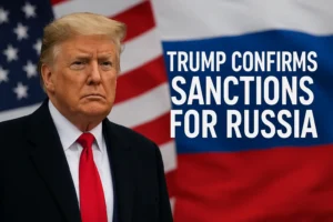 Former U.S. President Donald Trump speaking at a press conference, with an American flag in the background, ahead of planned meeting with Russian President Vladimir Putin amid sanctions announcement over Ukraine.