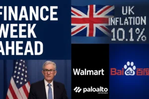 Digital collage showing global finance headlines, stock market charts, and company logos for Walmart, Palo Alto Networks, and Baidu, representing key events for the upcoming finance week including the Jackson Hole Symposium and UK inflation data.