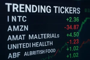 A digital composite image showing stock market tickers and company logos for Intel, Amazon, Applied Materials, UnitedHealth, and AB Foods, symbolizing trending financial activity.
