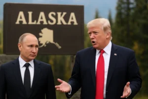Russian President Vladimir Putin and former U.S. President Donald Trump standing together during their Alaska summit, symbolizing tense U.S.-Russia relations and global diplomatic stakes.