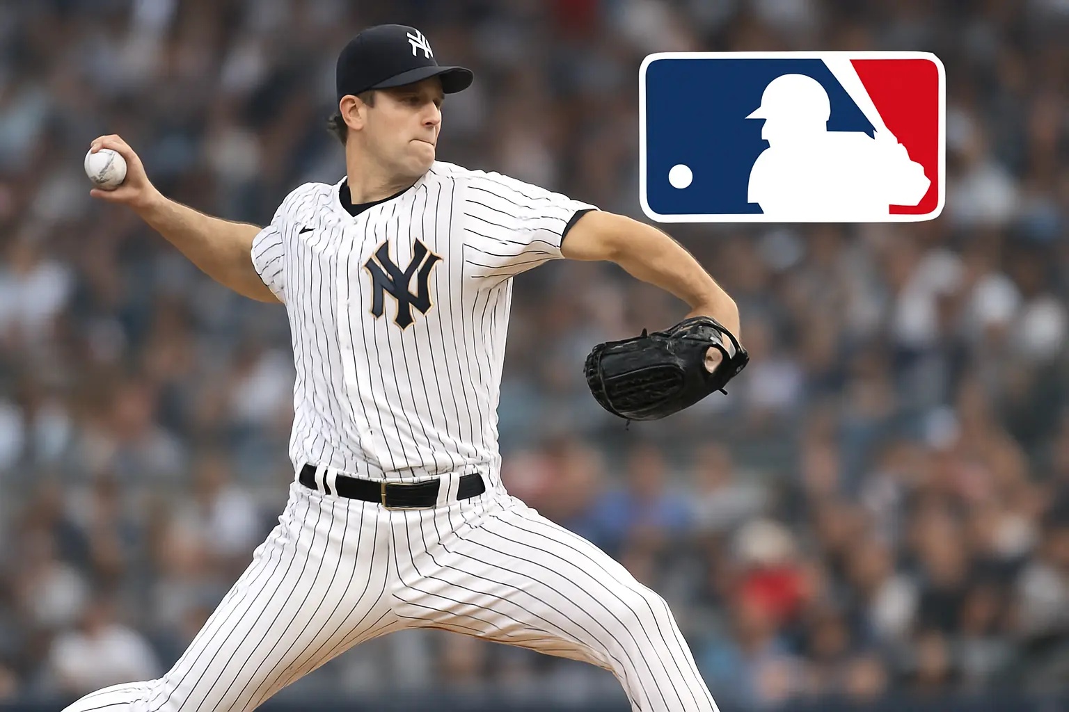A professional photograph of a Major League Baseball pitcher mid-throw on the mound during a game, representing the ranking of top 10 starting pitchers in MLB.