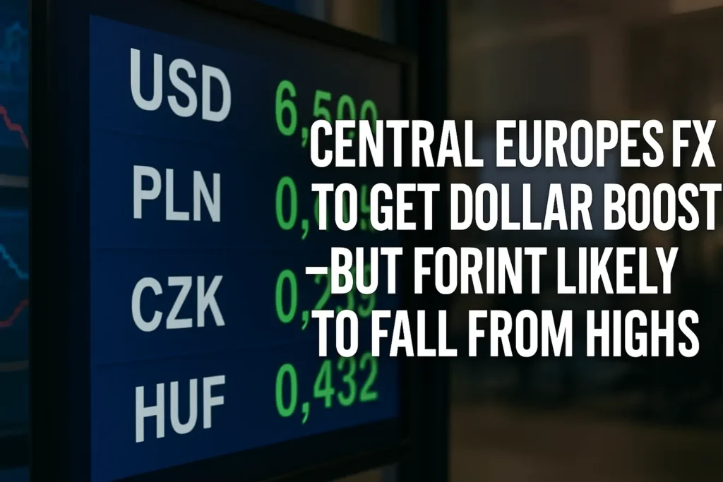 Current image: Digital display board showing foreign exchange rates for USD, PLN, CZK, and HUF in bright green text, with overlaid headline reading “Central Europe’s FX to Get Dollar Boost — But Forint Likely to Fall From Highs,” symbolizing currency trends in Central Europe against a strengthening U.S. dollar.