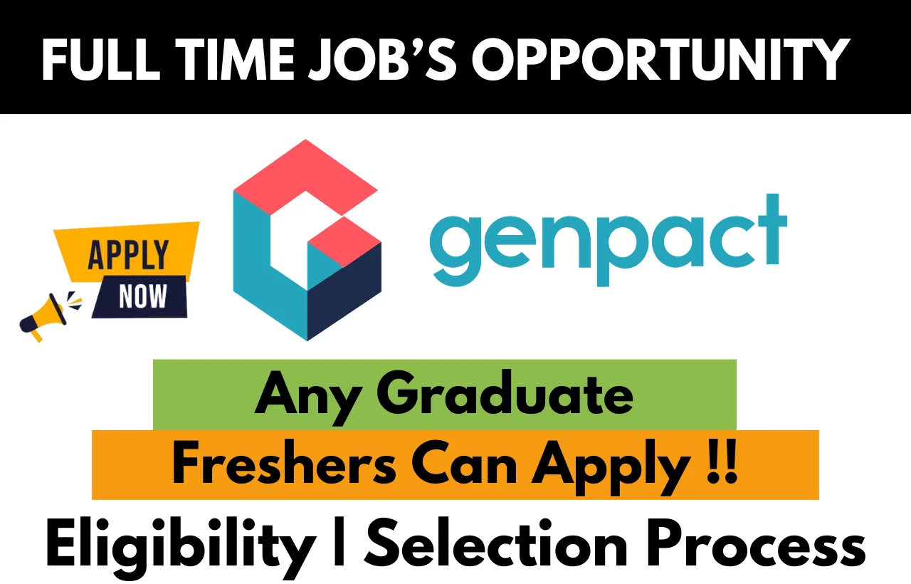 Genpact full-time job opportunity banner highlighting that any graduate and freshers can apply, with details on eligibility and selection process, and an 'Apply Now' icon.