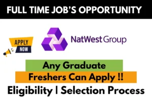 NatWest Group full-time job opportunity banner for freshers and graduates, with text stating 'Any Graduate, Freshers Can Apply!! Eligibility | Selection Process' and an 'Apply Now' icon.