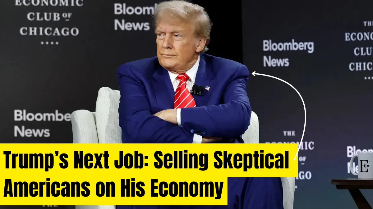 Former President Donald Trump sits with arms crossed at the Economic Club of Chicago, with a text overlay reading “Trump’s Next Job: Selling Skeptical Americans on His Economy.”