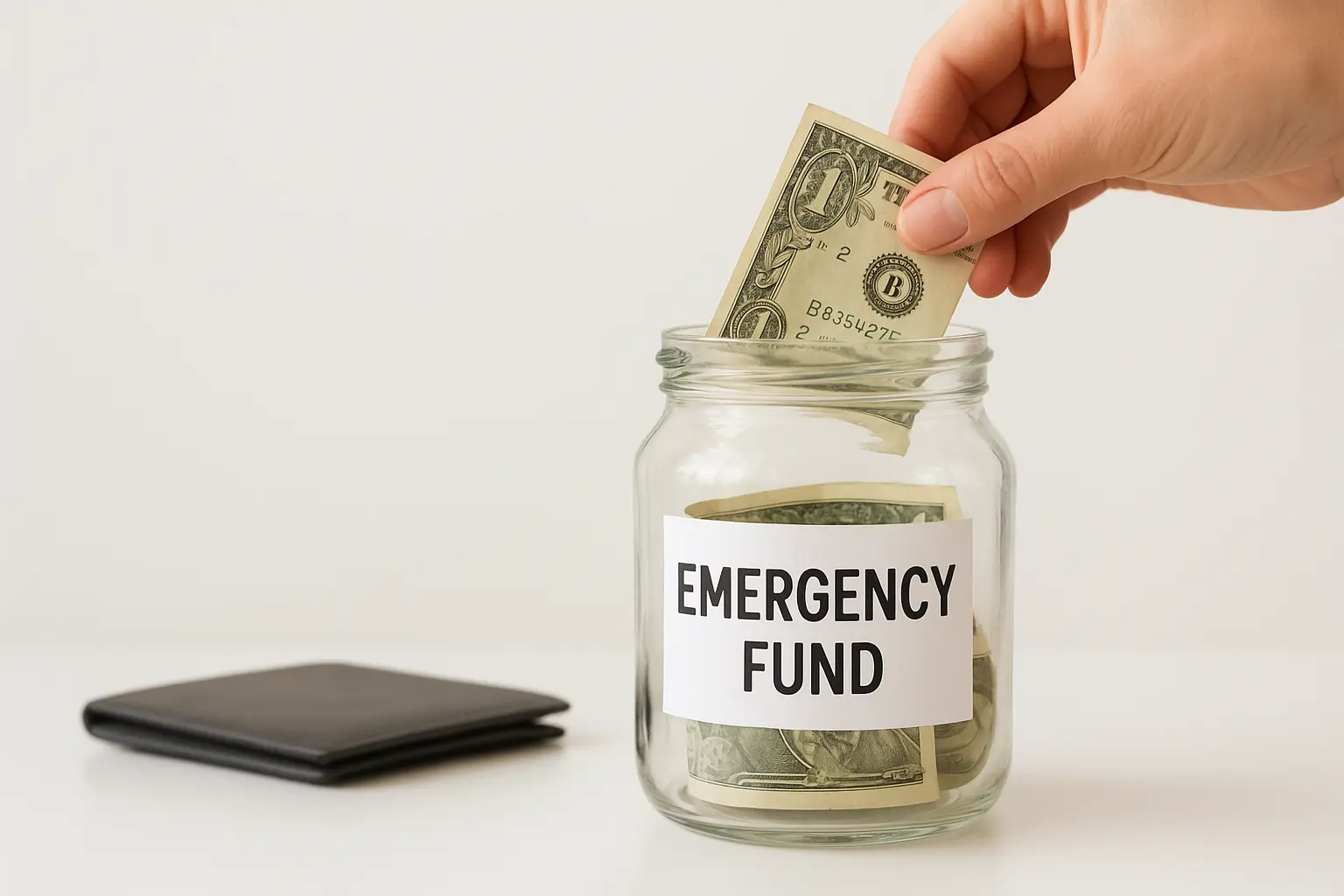 Hand placing a one-dollar bill into a glass jar labeled ‘Emergency Fund’ with a black wallet on a white surface in the background.