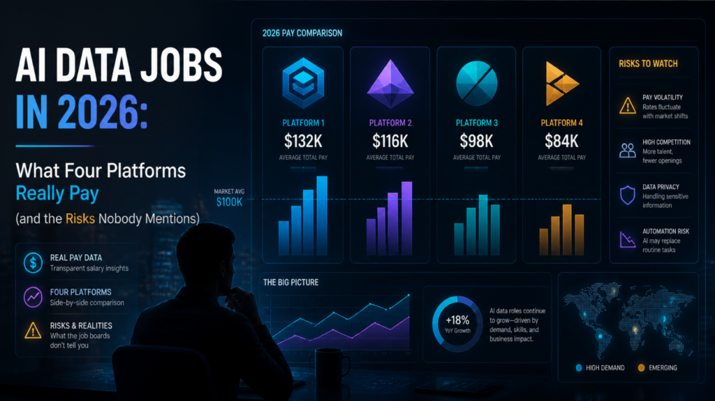 Laptop beside a pay chart and warning icon, representing a reality check on AI data job pay