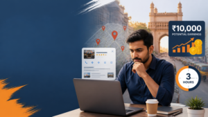 Map pin icon beside a rupee symbol and a calculator, representing a check of Google Maps side-business earnings (use only if your image matches)